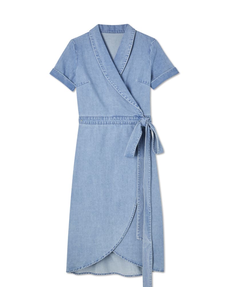 Front of a size 24 Denim Brooklyn Midi Dress in Light Wash by Never Fully Dressed. | dia_product_style_image_id:319288